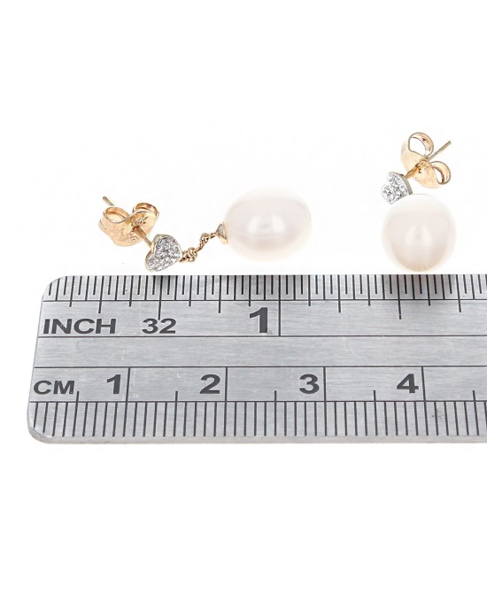 Freshwater Pearl and Diamond Heart Accent Drop Earrings
